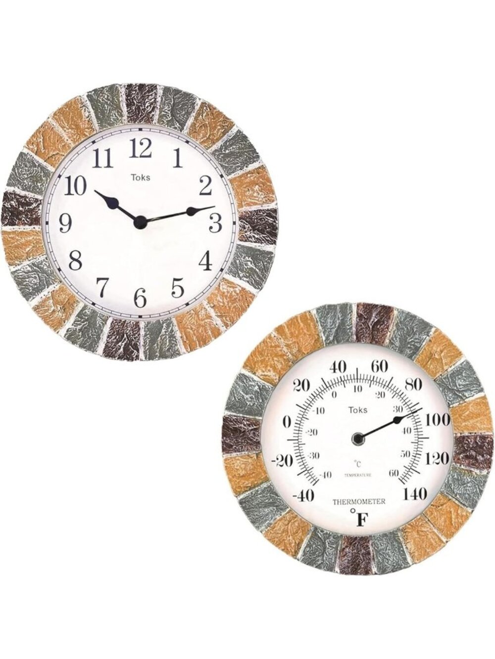 10-Inch Indoor/Outdoor Hanging Wall Clock & Thermometer Set - Stone Frame Decor